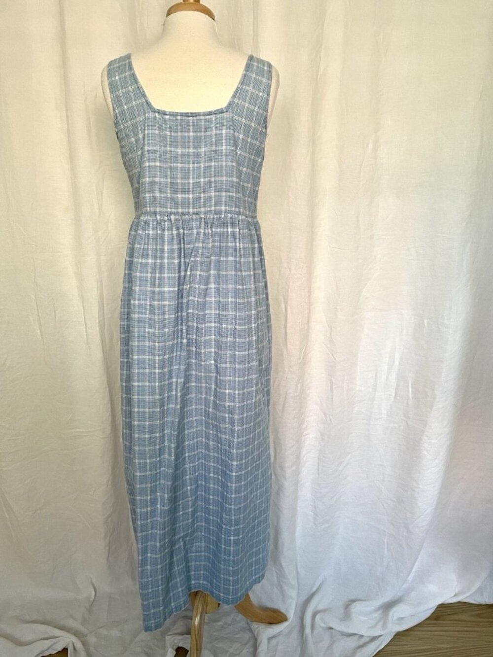 Vintage 90s APRIL CORNELL Embroidered Long Plaid Tank Dress Cottage Blue Medium - Picture 5 of 7